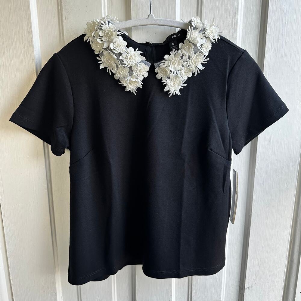 Aqua Floral Collar Top XS NWT Black Embellished Peter Pan Collar - Picture 2 of 9